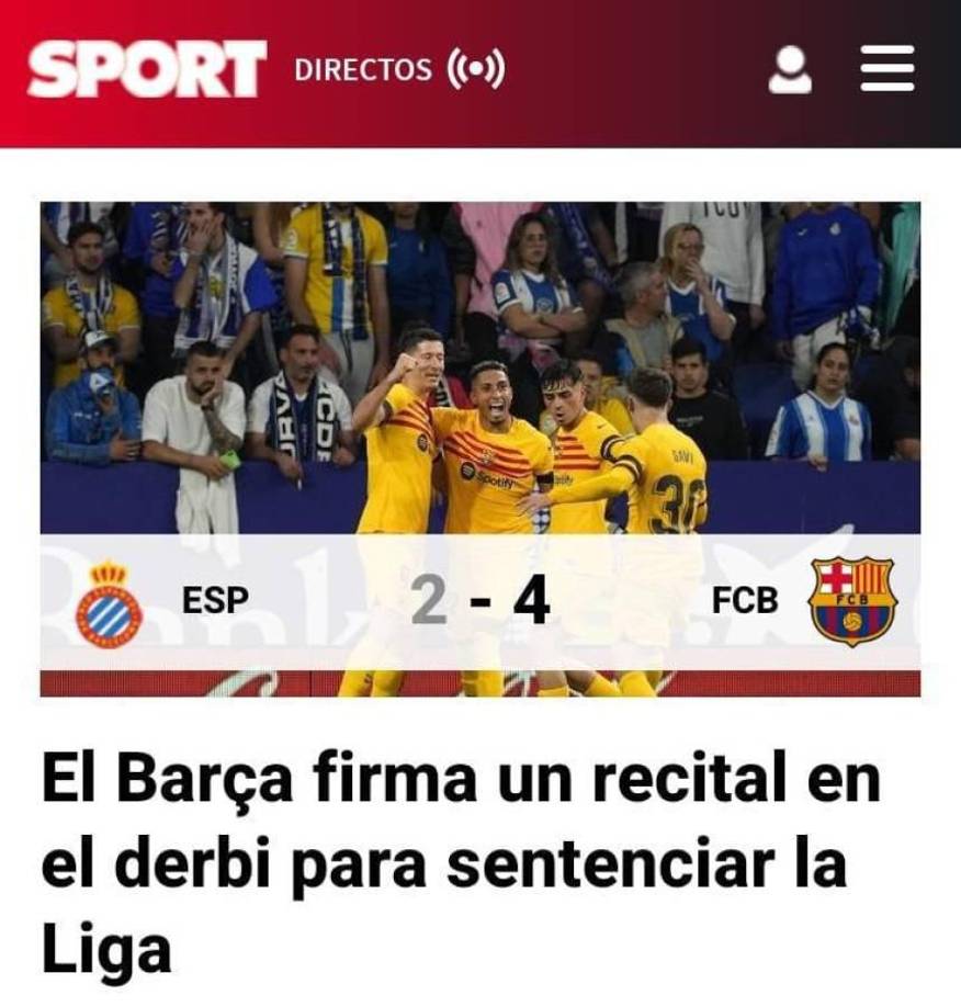 Dairo Sport: “El Barça firma un recital en el derbi para celebrar la Liga”.