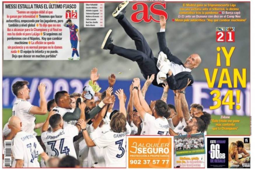 Diario As - '¡Y van 34!'. 'Real Madrid gana su trigesimocuarta Liga con una victoria ante el Villarreal, la décima consecutiva tras la pandemia'.