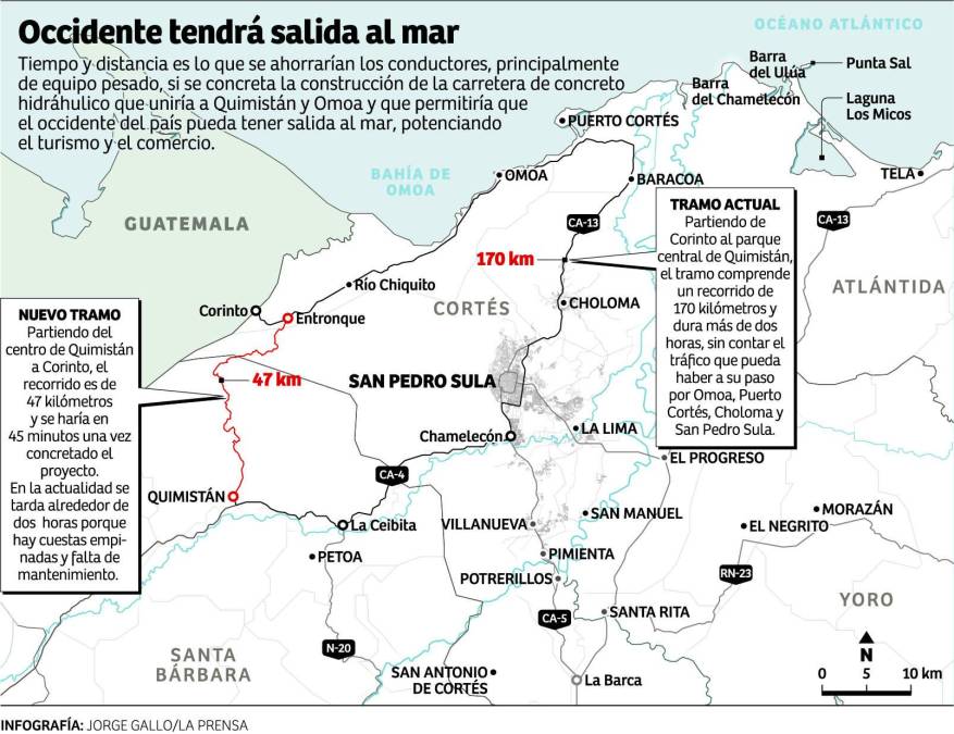 Debido a que la ruta actual pasa por la zona de amortiguamiento del Parque Nacional Cusuco, la vía tendría que desviarse por comunidad de Paso Viejo para respetar la demarcación del parque y solamente habría que conectar las comunidades ya existentes, que de lado de Quimistán son 20 en el trayecto.Potenciar el turismo. Para Omoa, la carretera también resulta un proyecto importantísimo porque impulsará el turismo entre el occidente y las playas del Caribe. Ricardo Alvarado, alcalde municipal de Omoa, expuso que la carretera impulsará otros proyectos visionarios en el municipio, como es el muelle de cruceros.