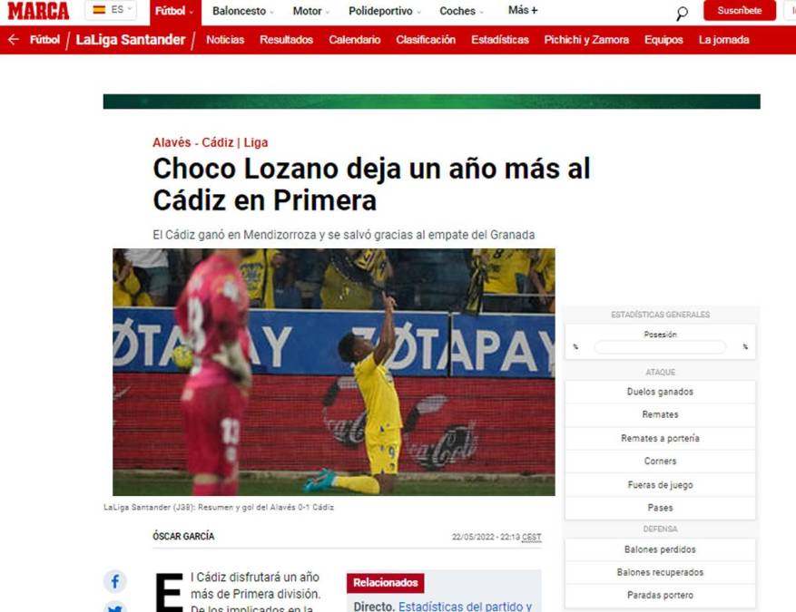 Diario Marca - “Choco Lozano deja un año más al Cádiz en Primera”.