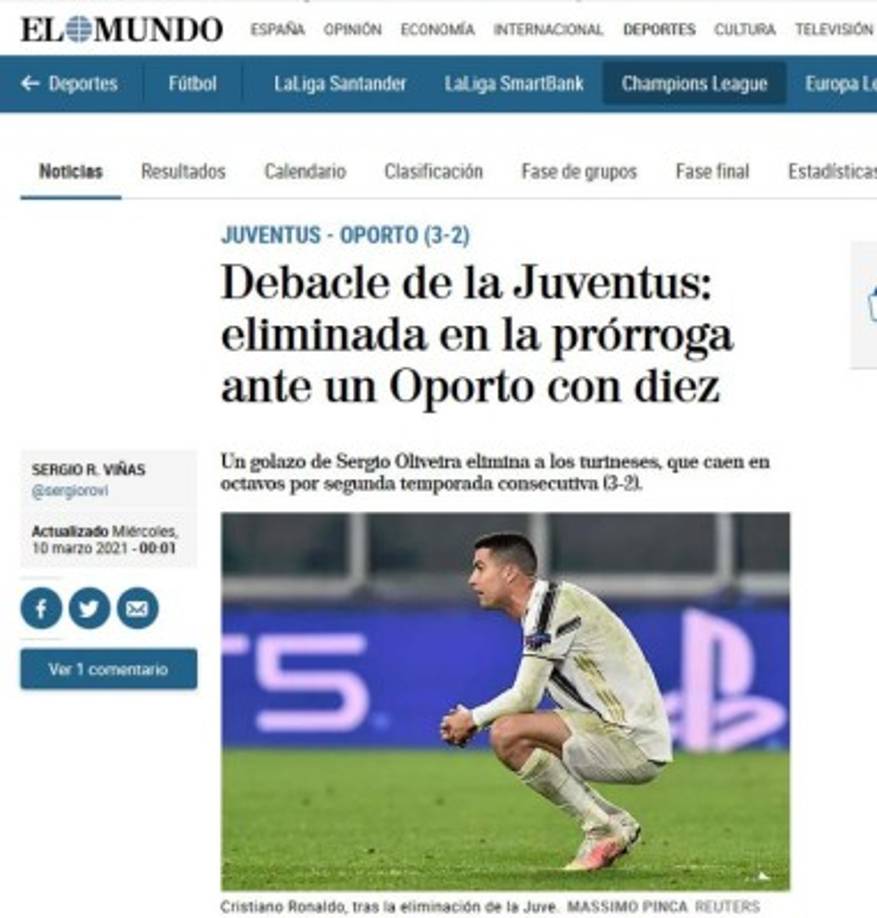 El ibérico El Mundo titula como 'debacle' la derrota juventina, ante un equipo diezmado y que partió como víctima en la serie.