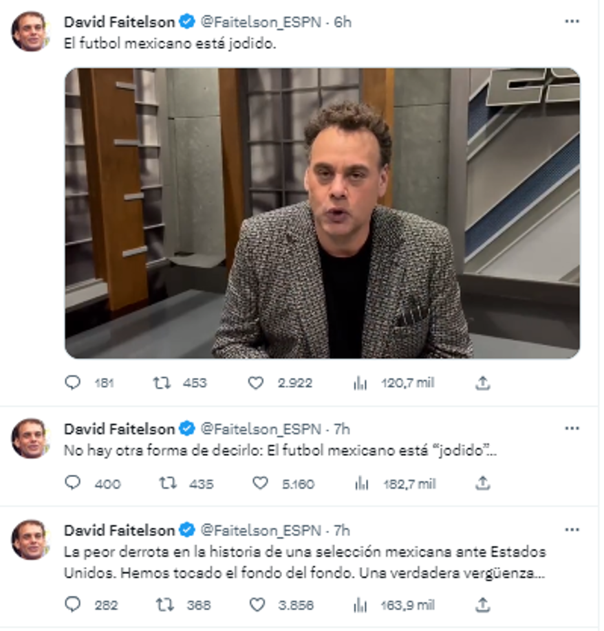 David Faitelson habló y publicó un video en sus redes sociales donde analizó el encuentro: “Estados Unidos fue más fuerte, más rápido, más táctico, más inteligente” y expresó en Twitter: “No hay otra forma de decirlo: El fútbol mexicano está jodi**...”