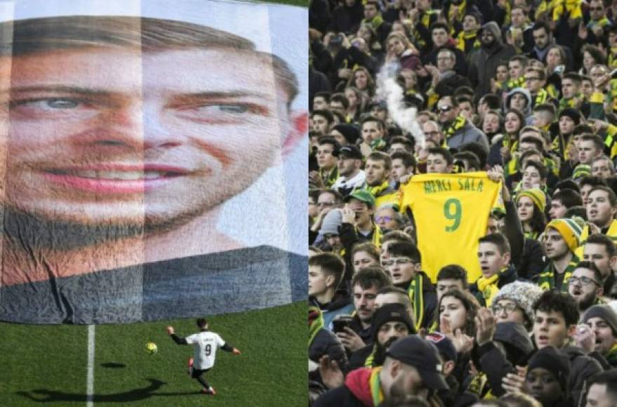 El Nantes de Francia, le rindió homenaje este domingo a su goleador Emiliano Sala, fallecido en un accidente de avión, mostrando un tifo con el dorsal 9 en las tribunas del estadio la Beaujoire. FOTOS AFP.