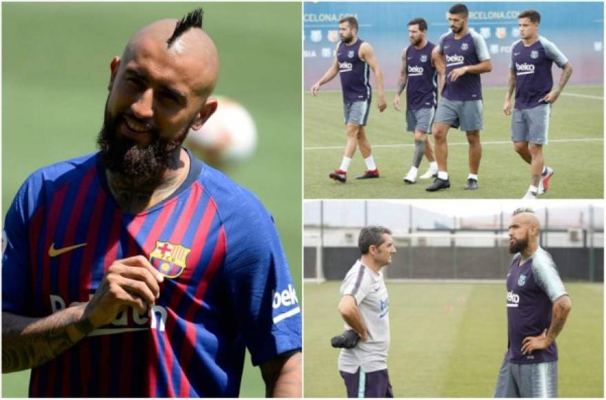 El chileno Arturo Vidal, nuevo jugador de FC Barcelona, se ha entrenado este lunes por primera vez con sus nuevos compañeros en la Ciudad Deportiva, donde ha podido conocer a Lionel Messi y Luis Suárez, entre otros internacionales. Mira las imágenes más curiosas de lo que fue su recimiento. FOTOS FC BARCELONA.COM.