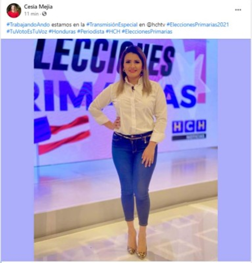 Cesia Mejía fue una de las primeras en compartir cómo inició su jornada laboral. '#TrabajandoAndo estamos en la #TransmisiónEspecial en @hchtv #EleccionesPrimarias2021 #TuVotoEsTuVoz #Honduras #Periodista #HCH #EleccionesPrimarias'', escribió la catracha junto a esta foto en el set de HCH.