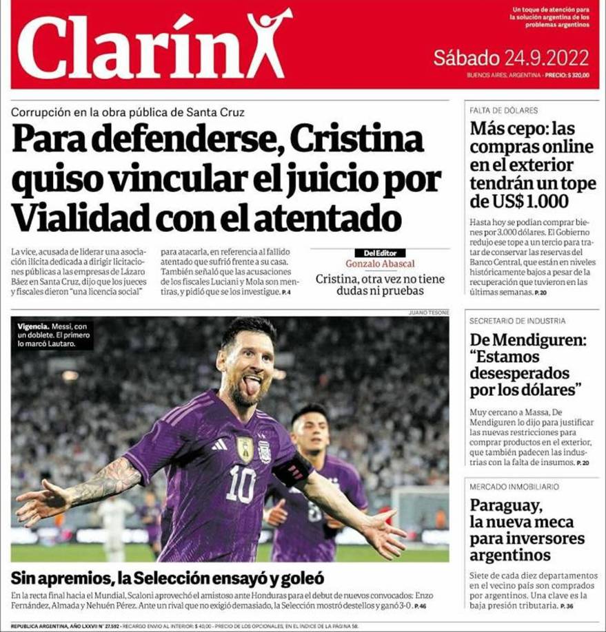Diario Clarín - “Sin apremios, la Selección ensayó y goleó”. “Ante un rival que no exigió demasiado, Argentina mostró destellos y ganó 3-0”.