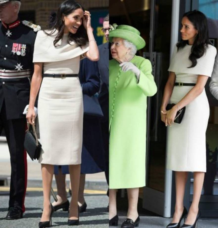 Para su primera salida en solitario con la reina Isabel II en junio de este año Meghan recurrió a la diseñadora Clare Waight Keller de Givenchy, la misma que diseñó su vestido de novia.<br/><br/>Se estima que el vestido confeccionado exclusivamente para ella costó alrededor de $5,255 dólares.<br/><br/>La ex actriz de Suit combinó la prenda con un cinturón negro y un bolso de Givenchy, y zapatos de Sarah Flint.<br/><br/>Además, usó pendientes de diamantes y perlas, un regalo de Su Majestad, valorados en unos $5,620 dólares.<br/><br/>Sin contar el reglo de la reina, Meghan gastó alrededor de $7,252.99 para estar a la altura en su primera salida con la abuela de su marido, el príncipe Harry.<br/><br/>