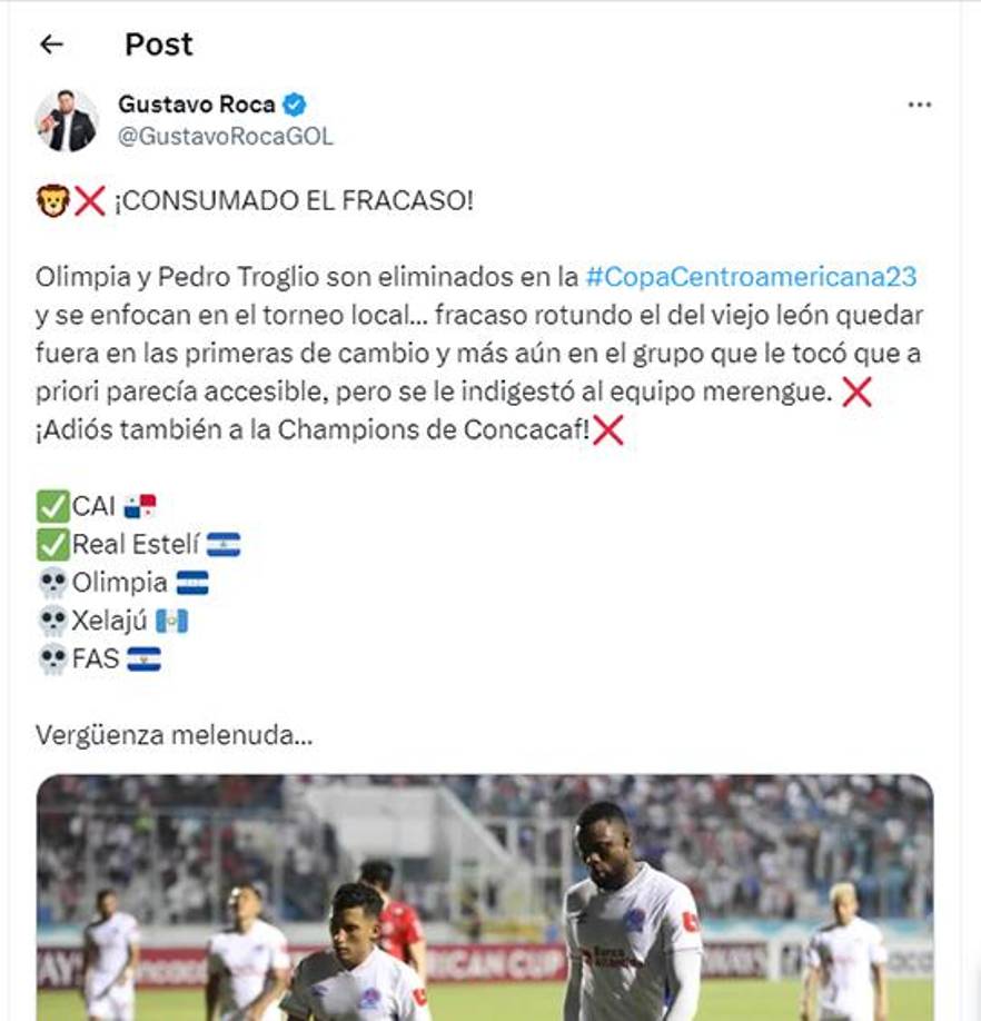 Gustavo Roca de Diario Diez: “Consumado el fracaso. Olimpia y Pedro Troglio son eliminados en la Copa Centroamericana y se enfocan en el torneo local.”