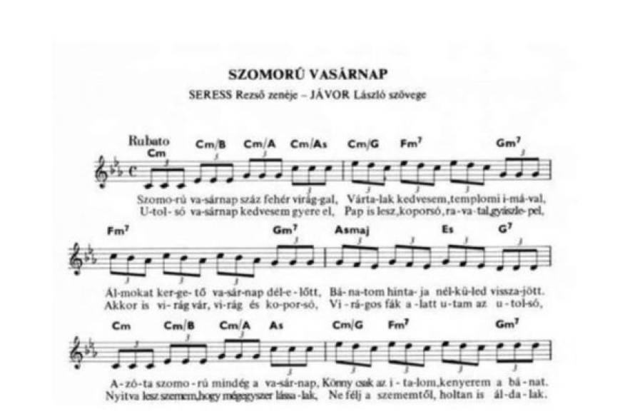 La canción que mata personas. En los años 30 se popularizó la canción Gloomy Sunday, pero poco a poco fue tornándose terrorífica cuando se difundió que más de 18 personas (algunos dicen incluso 100) se suicidaron en Budapest debido a ella. Hungría siempre tuvo altas tasas de suicidio, y la canción era tan popular que no resulta extraño que un suicida la estuviera escuchando. Además, la letra depresiva no ayuda demasiado para mejorar el humor. Sin embargo, hubo un suicidio real por ella: el creador de la canción se suicidó luego de que su único éxito fuera culpado de estas calamidades.