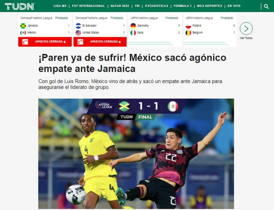 TUDN - “¡Paren ya de sufrir! México sacó agónico empate ante Jamaica”.