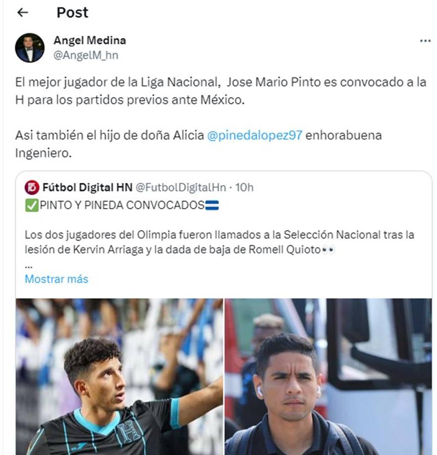 Periodistas han reaccionado estar de acuerdo con la convocatoria de José Mario Pinto y Carlos Pineda a la selección de Honduras. 