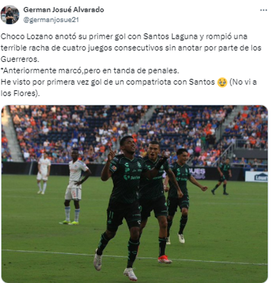 “Choco Lozano anotó su primer gol con Santos Laguna y rompió una terrible racha de cuatro juegos consecutivos sin anotar por parte de los Guerreros”, German Alvarado, periodista de GOLAZO.
