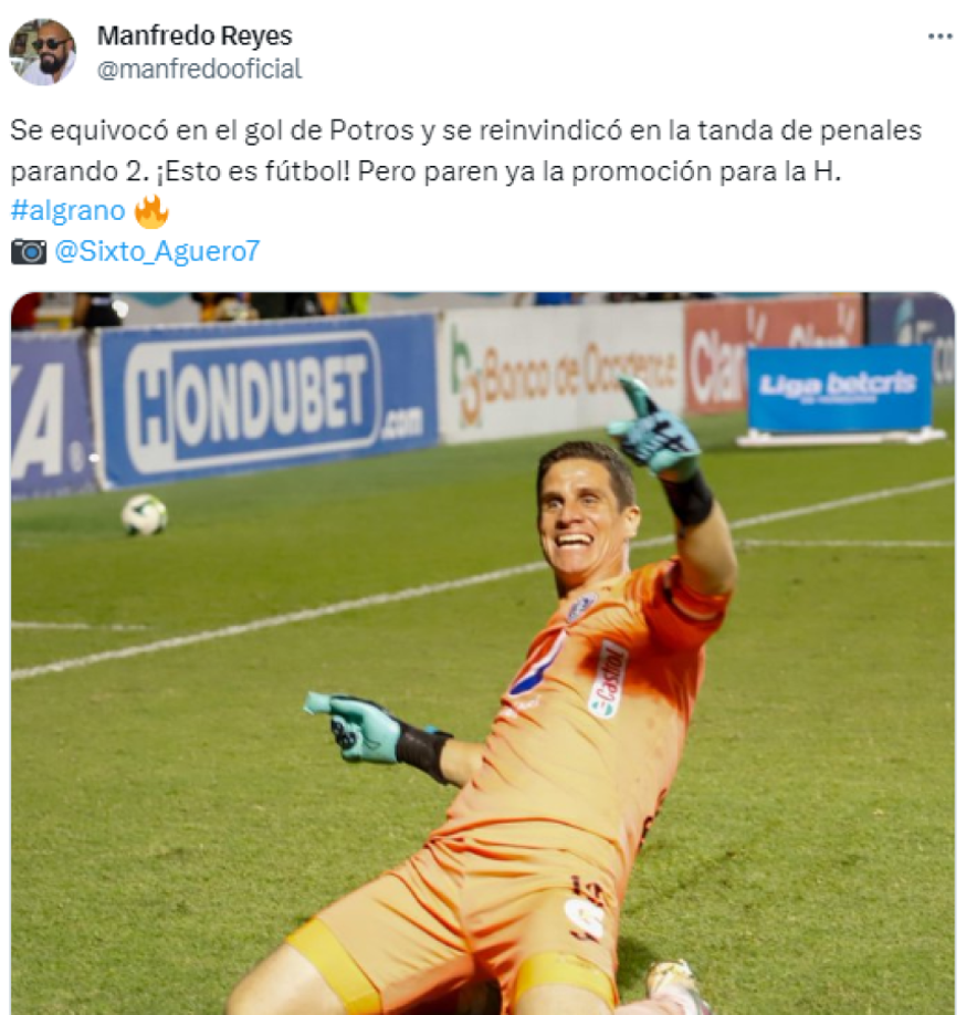 Manfredo Reyes también defendió a Rougier: “Se equivocó en el gol de Potros y se reivindicó en la tanda de penales, pero paren ya la promoción para la H”.