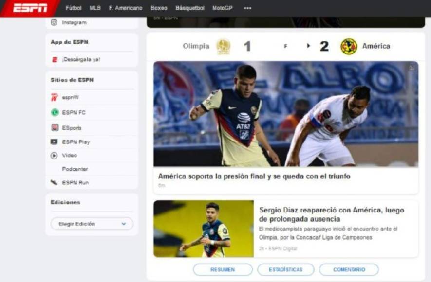 ESPN - “América soporta la presión final y se queda con el triunfo“.