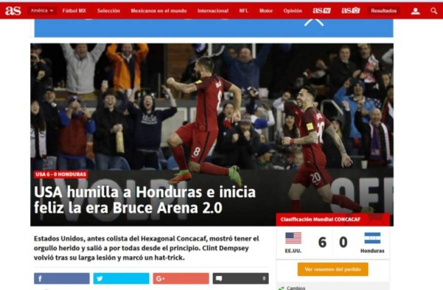 Y el diario As de España ha sido uno de los que más ha cuestionado el desempeño de Honduras al caer por diferencia de seis goles ante EUA .