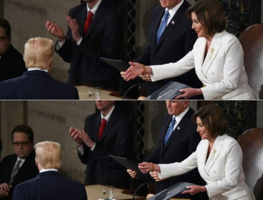 La tensión entre Trump y Pelosi se sintió desde el comienzo del acto, pues al llegar el mandatario rompió con la tradición al no saludar a Pelosi, quien se quedó con la mano extendida.
