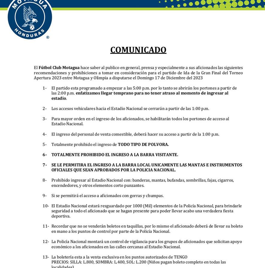 El comunicado del Motagua donde anuncia las prohibiciones para la final de ida ante Olimoia.