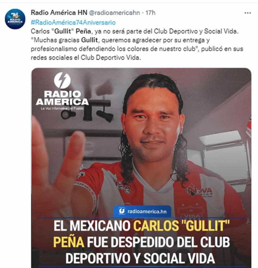 Radio HRN - “Carlos “Gullit” Peña, ya no será parte del Club Deportivo y Social Vida”. 