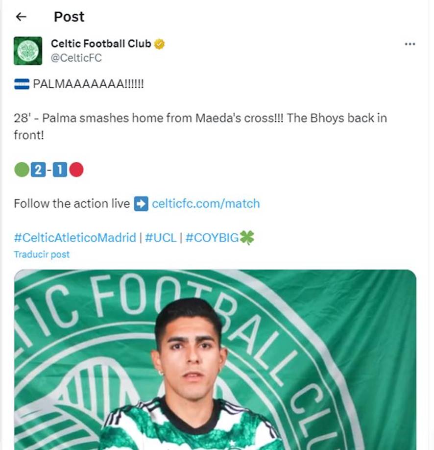 El Celtic y su posteo luego que anotó lo que era el 2-1 parcial ante Atlético de Madrid. Posteriormente les empató Morata. 