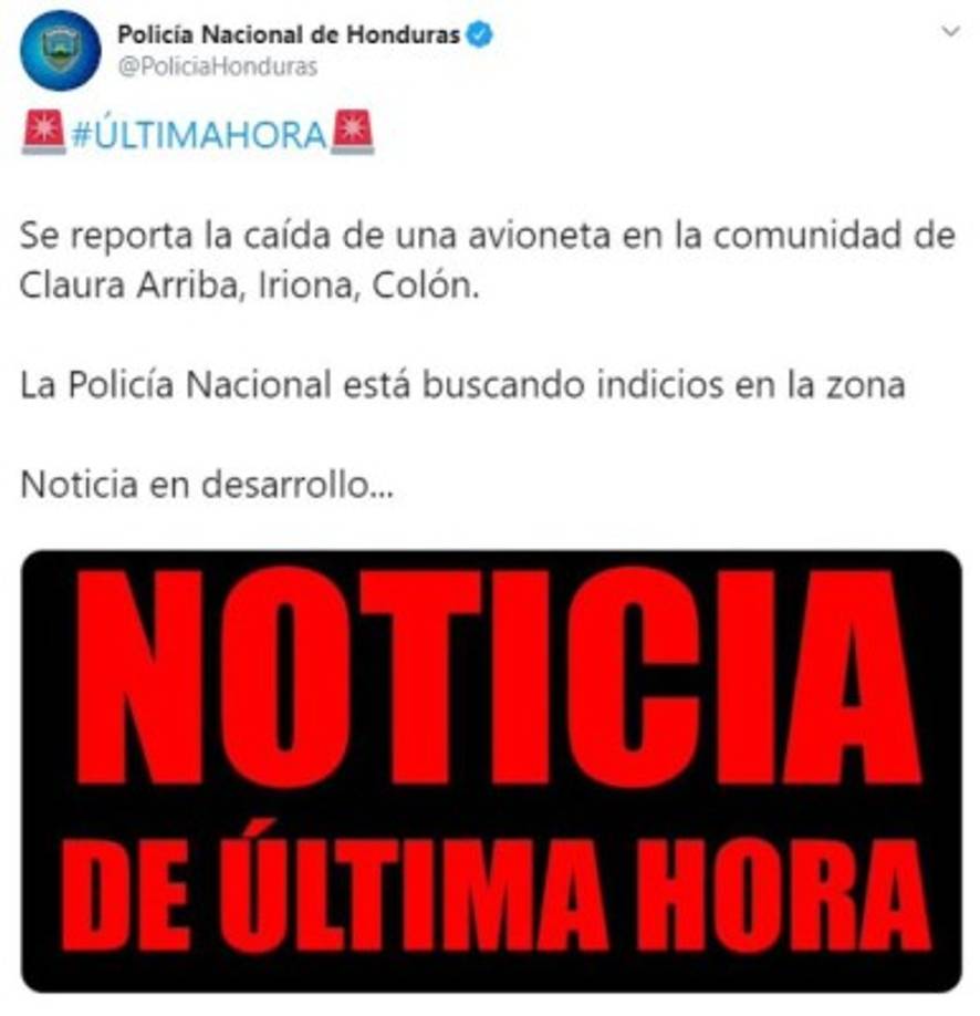 Así informó la Policía Nacional la caída de la narcoavioneta en Iriona, Colón.