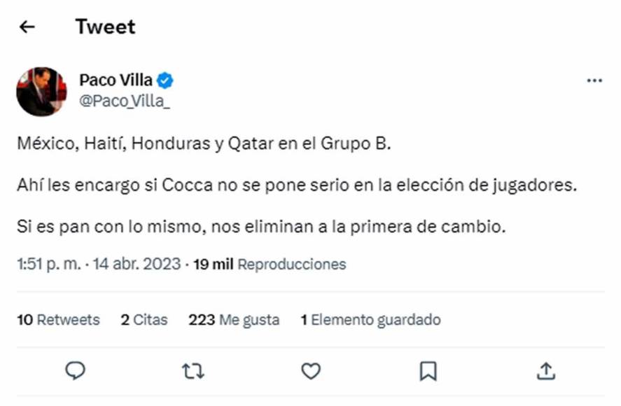 Paco Villa, periodista mexicano: “Ahí les encargo si Cocca no se pone serio en la elección de jugadores. Si es pan con lo mismo, nos eliminan a la primera de cambio”.