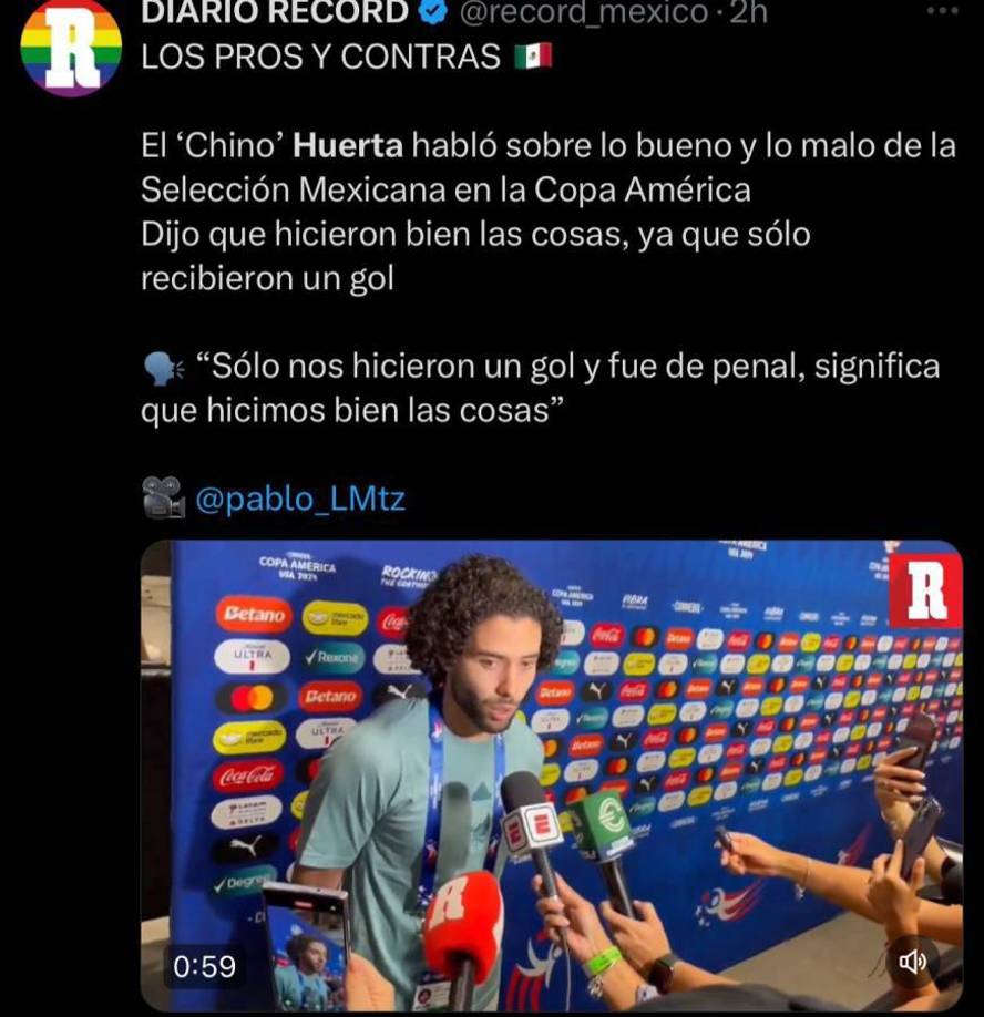 Chino Huerta reaccionó y dejó su punto de vista tras el fracaso de México en la Copa América: “Sólo nos hicieron un gol y fue de penal, significa que hicimos bien las cosas”, señaló.