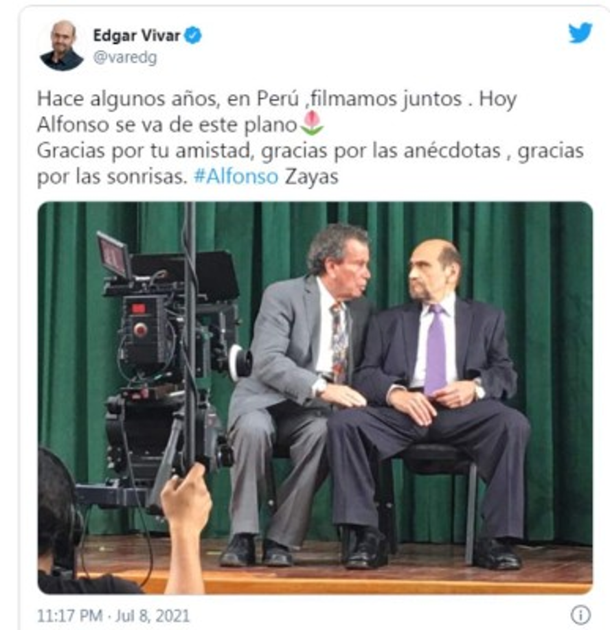Dan el último adiós <br/>La muerte del actor conmocionó a sus seguidores, instituciones y compañeros, quienes mandaron sus condolencias y dieron el último adiós al actor. 'Hace algunos años en Perú filmamos juntos. Hoy Alfonso se va de este plano. Gracias por tu amistad, gracias por las anécdotas y las sonrisas', expresó en Twitter Édgar Vivar.<br/>