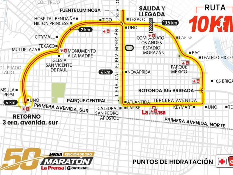 La ruta de los 10 kilómetros para los que participen en la 50 edición de la Maratón La Prensa- Gatorade.