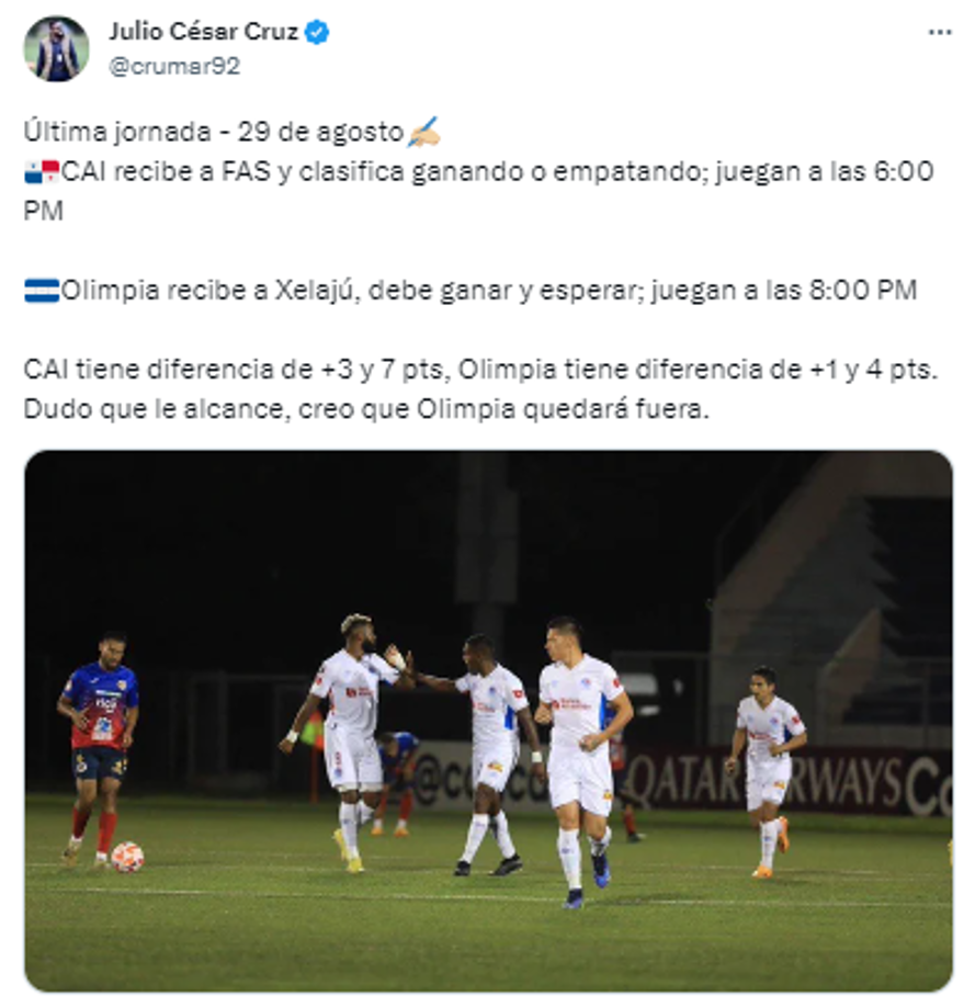 “CAI tiene diferencia de +3 y 7 pts, Olimpia tiene diferencia de +1 y 4 pts. Dudo que le alcance, creo que Olimpia quedará fuera”, recalcó el comunicador.