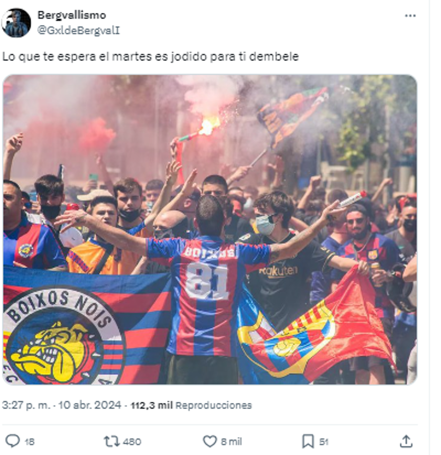 “Lo que te espera el martes Dembélé”, en referencia al recibiento de los hinchas azulgranas.