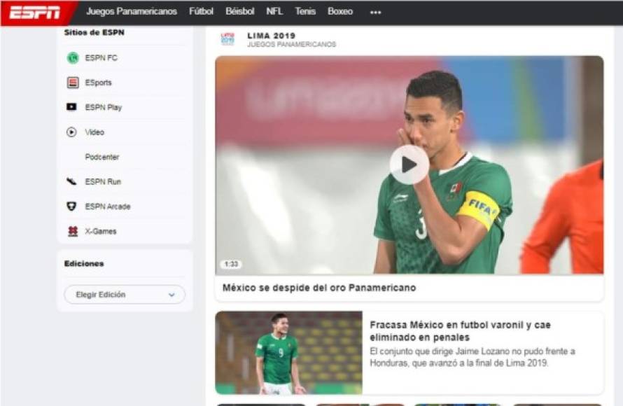 ESPN de México - 'México se despide del oro panamericano'. 'Fracasa México en fútbol varonil y cae eliminado en penales'.