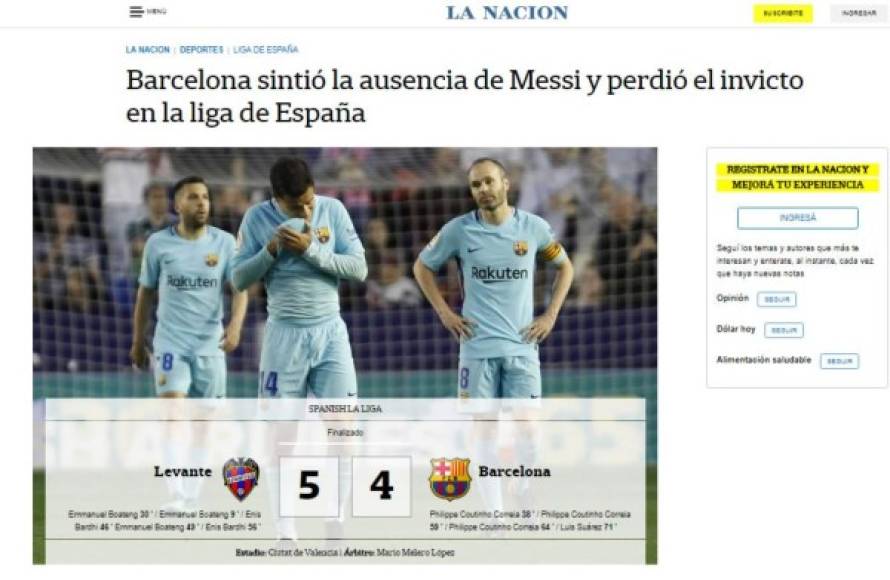 La Nación de Argentina: 'Barcelona sintió la ausencia de Messi y perdió el invicto en la Liga de España'.