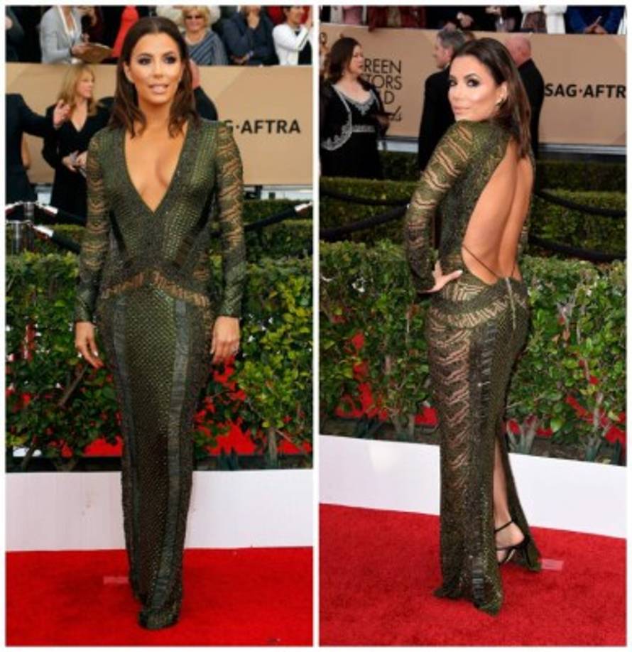 Eva Longoria llegó con un vestido bien escotado en color verde.