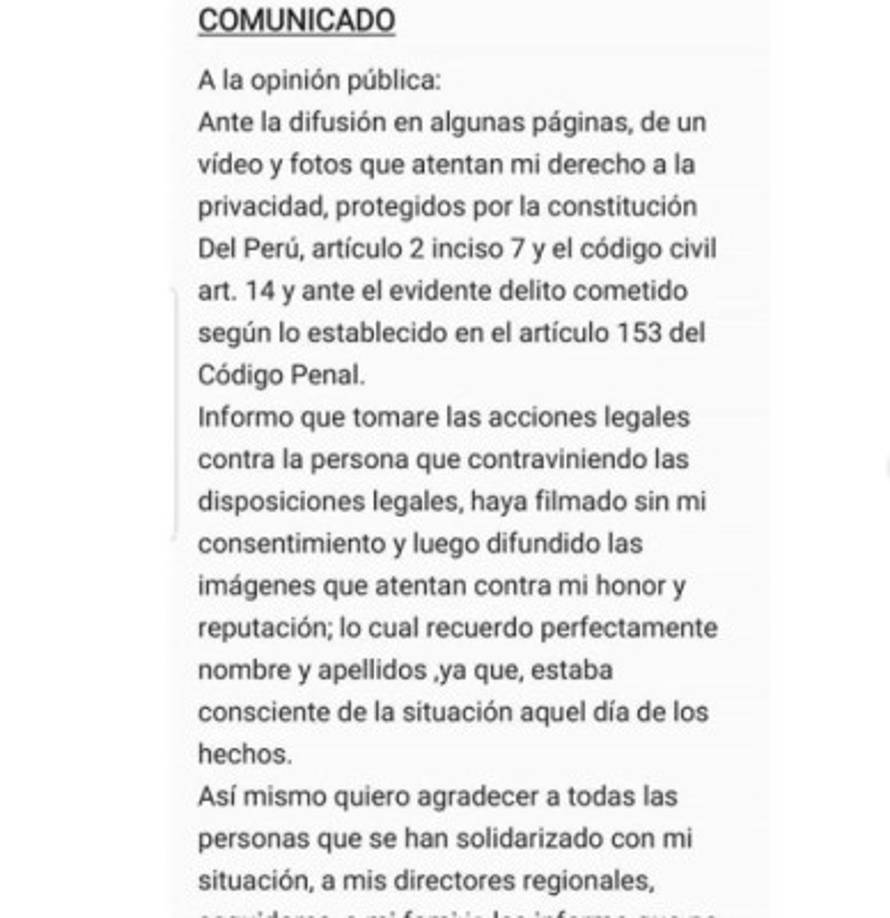 'Informo que tomaré acciones legales contra la persona que contraviniendo las disposiciones legales, haya filmado sin mi consentimiento y luego difundido las imágenes que atentan contra mi honor y reputación', escribió Anyella