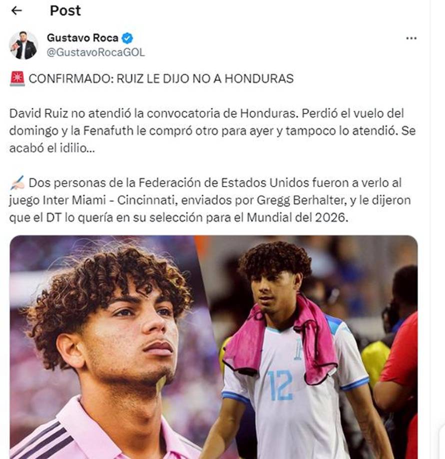 Periodistas hondureños y del extranjero han reaccionado tras conocer que David Ruiz no jugará con Honduras en el cierre de la fase de grupos de la Nations League de Concacaf. El periodista Gustavo Roca compartió de esta manera la información.