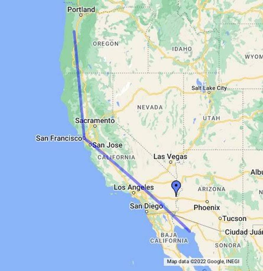 La falla de San Andrés se extiende desde el norte de California hacia el sur hasta Cajon Pass cerca de San Bernardino.