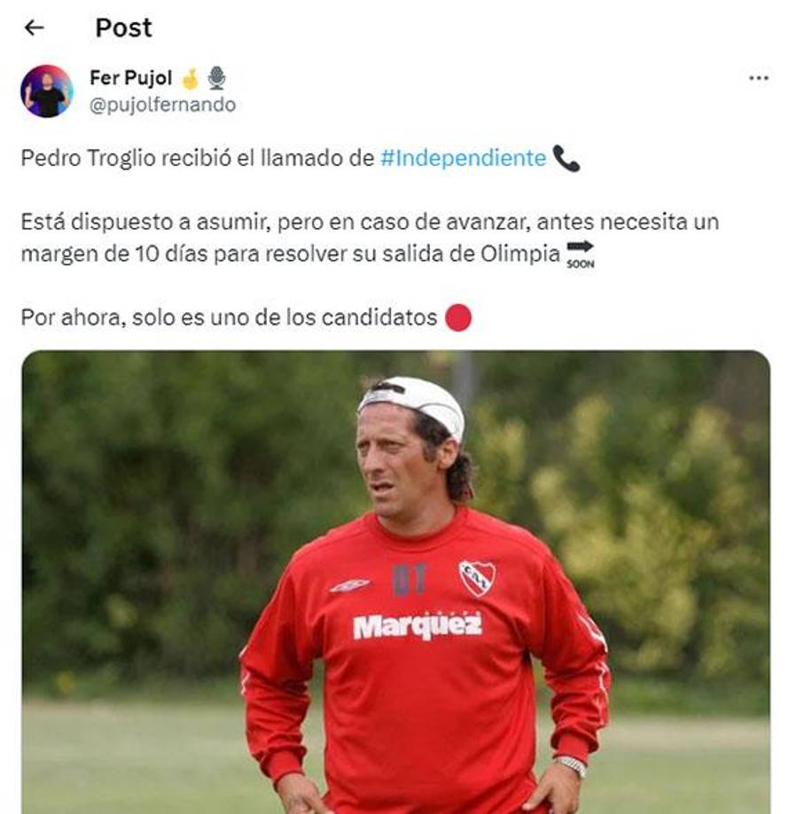 La prensa de Argentina revela que Troglio le hizo una petición al Independiente: El DT del Olimpia pide un margen de 10 días para resolver su salida de Olimpia. 