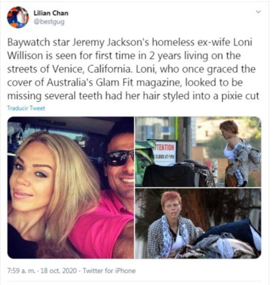 La exmodelo fue dada por muerta por sus amistades que pasaron dos años sin saber de ella, pero ahora pasea por uno de los barrios más ricos de Los Angeles buscando comida en los basureros. “Tengo dinero. Hay comida en los contenedores y cerca de las tiendas. Hay mucha aquí”, dijo Loni a The Sun.