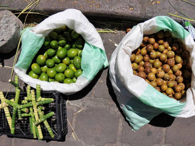 En las afueras de la iglesia venden frutas de la época como mangos y coyoles.
