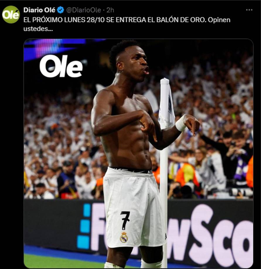 El diario Olé de Argentina también dedicó un posteo con una foto de Vinicius y hablando del Balón de Oro. “El próximo lunes 28/10 se entrega. Opinen ustedes....”.