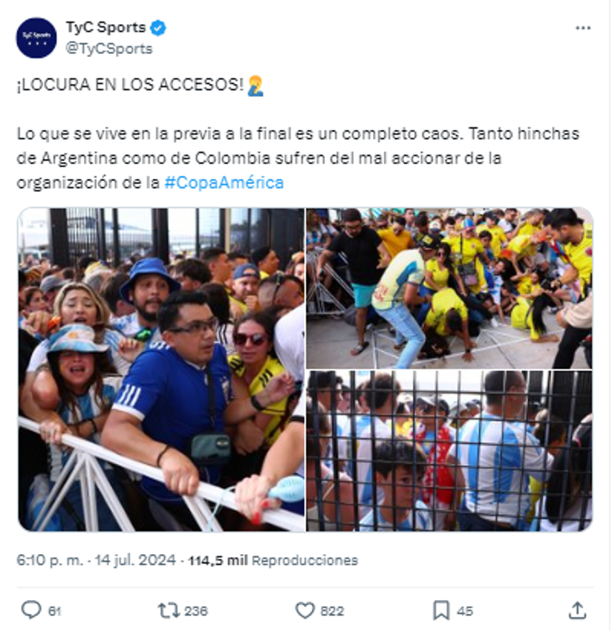 TyC Sports de Argentina sobre el caos previo a la final entre Argentina y Colombia.
