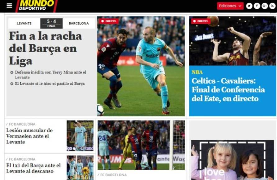 Mundo Deportivo - 'Fin a la racha del Barça en Liga'. 'Los azulgrana mostraron dos caras opuestas y tras perder 5-1 se quedaron a un gol de culminar la remontada y dicen adiós a 43 partidos de Liga seguidos sin perder'.