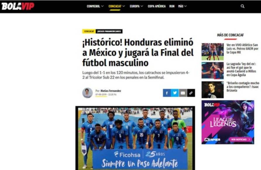 Diario Bolavip de Argentina - '¡Histórico! Honduras eliminó a México y jugará la Final del fútbol masculino'.