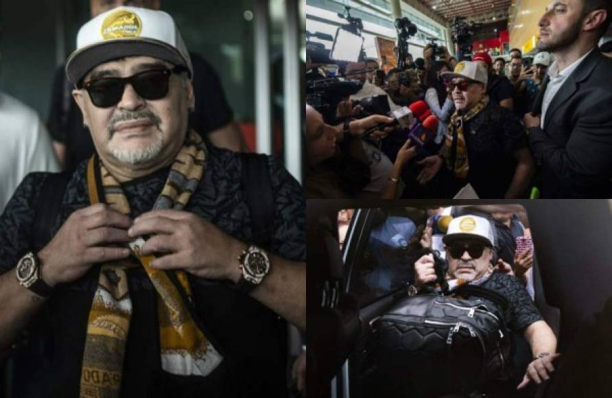 El argentino Diego Armando Maradona llegó este sábado de buen ánimo a la Ciudad de México, su primera escala en el país, donde dirigirá a partir del próximo lunes a los Dorados de Sinaloa. FOTOS AFP Y DORADOS DE SINALOA.<br/>