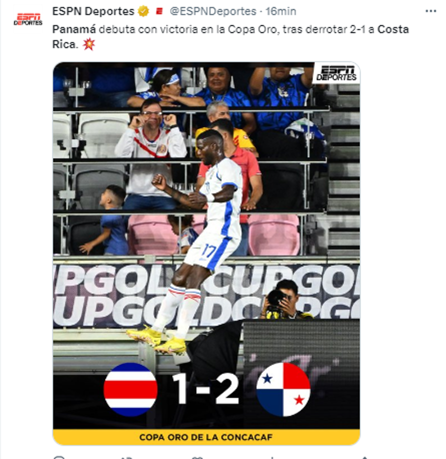 ESPN: “Panamá debuta con victoria en la Copa Oro, tras derrotar 2-1 a Costa Rica”.