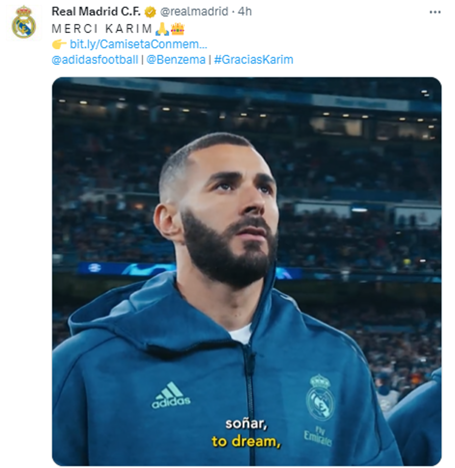 Para el evento, el Real Madrid preparó un vídeo emocionante. Entremezcló imágenes del Karim de 21 años que aterrizó en el Santiago Bernabéu al grito, “Un, dos, tres: ¡Hala Madrid!”, que también lanzó en su despedida, con goles.