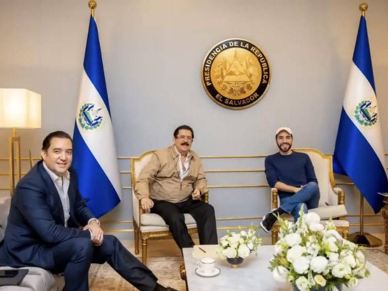 Fotografía muestra al expresidente Zelaya junto al mandatario salvadoreño, Nayib Bukele, durante una visita oficial en el palacio presidencial de El Salvador. En la imagen, también aparece Héctor Zelaya, hijo del exgobernante hondureño y de la actual presidenta Xiomara Castro.