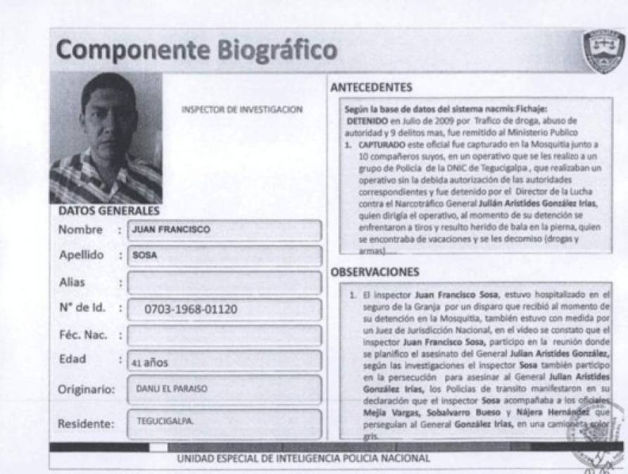 Ficha del inspector de investigación Juan Francisco Sosa, señalado en el caso de la muerte de Arístides González, según publicación de The New York Times atribuida a un informe de la Inspectoría General de la Policía de Honduras.