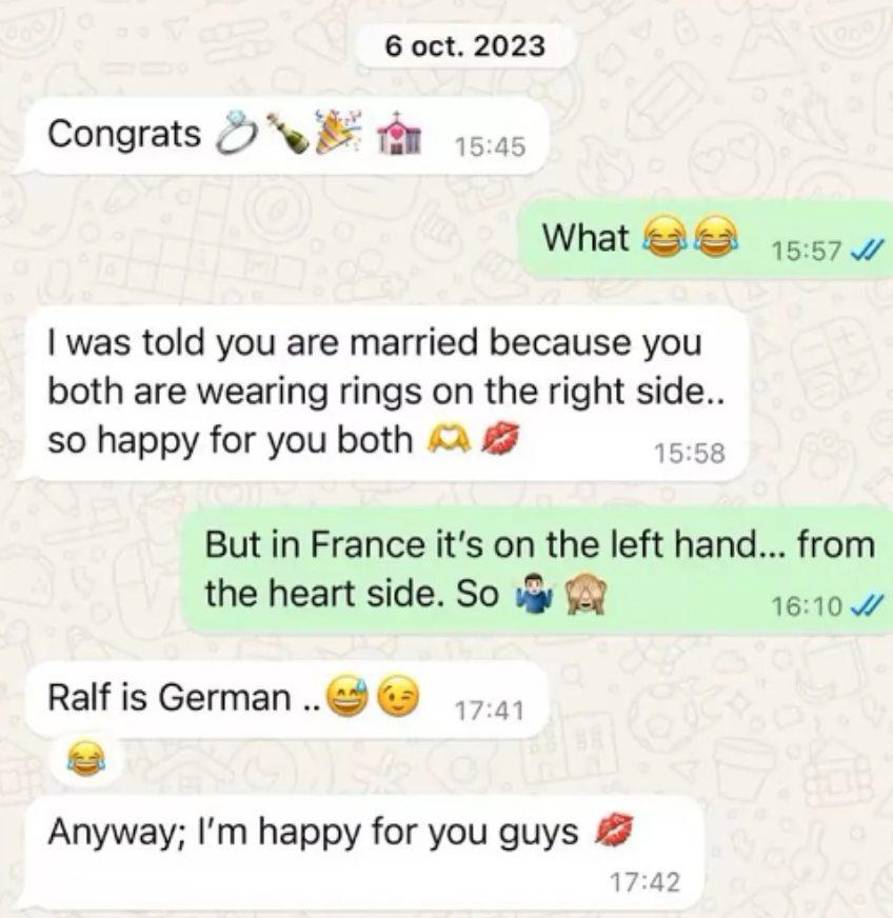 “El menor de los Schumacher acompañó todo con una captura de pantalla de la conversación de Whatsapp en inglés entre su ex esposa y su actual novio del 6 de octubre de 2023. 