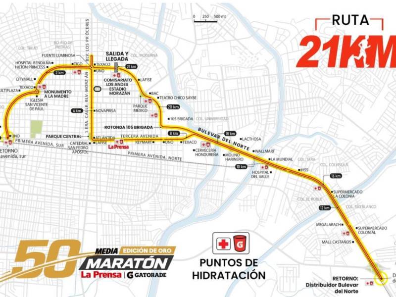 La ruta de los 21 kilómetros para los que participen en la 50 edición de la Maratón La Prensa- Gatorade.